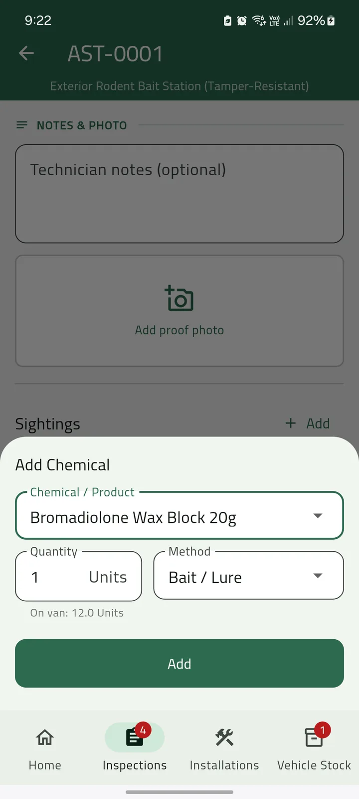 Add Chemical sheet: Bromadiolone Wax Block 20g, 1 unit, bait method, and 12 units shown on the van