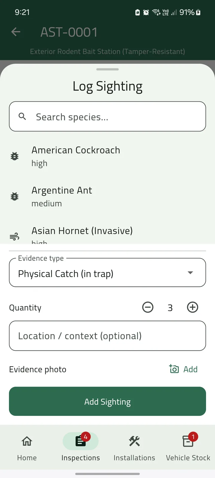 Log Sighting sheet: the species list with risk levels, evidence type Physical Catch, quantity 3