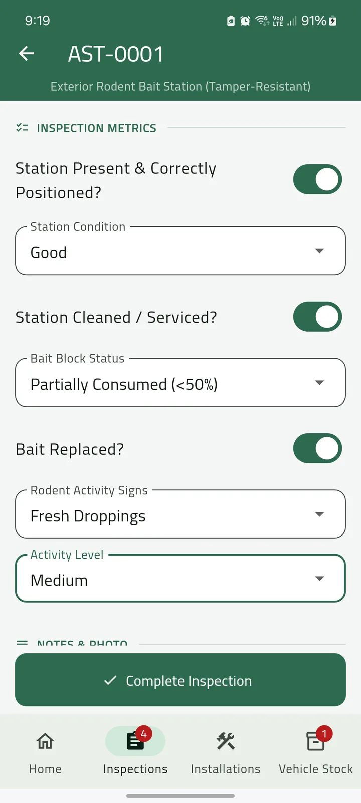Inspection form for an exterior rodent bait station, with its toggles and dropdowns filled in