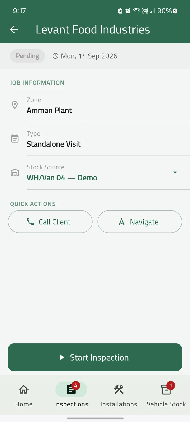 Job detail for Levant Food Industries: the zone, the visit type, the van as stock source, Call Client and Navigate buttons, and Start Inspection