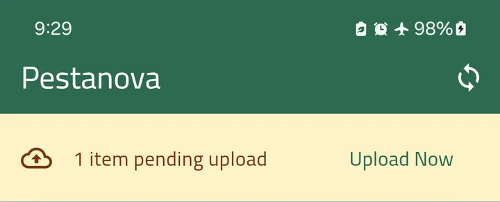 Top of the home screen in airplane mode, with a banner reading 1 item pending upload and an Upload Now button