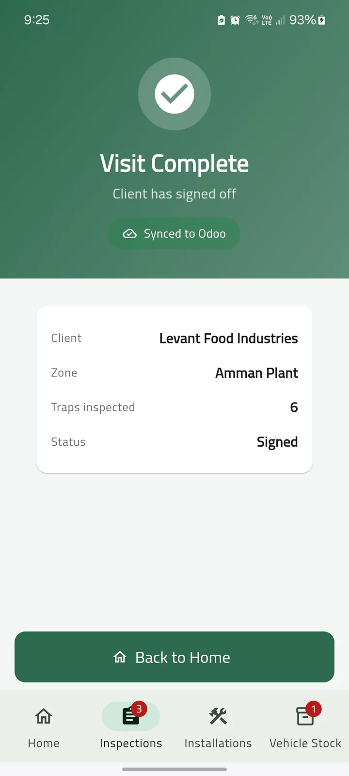 Visit Complete screen: the client has signed off and the visit is synced to Odoo, with the visit summary