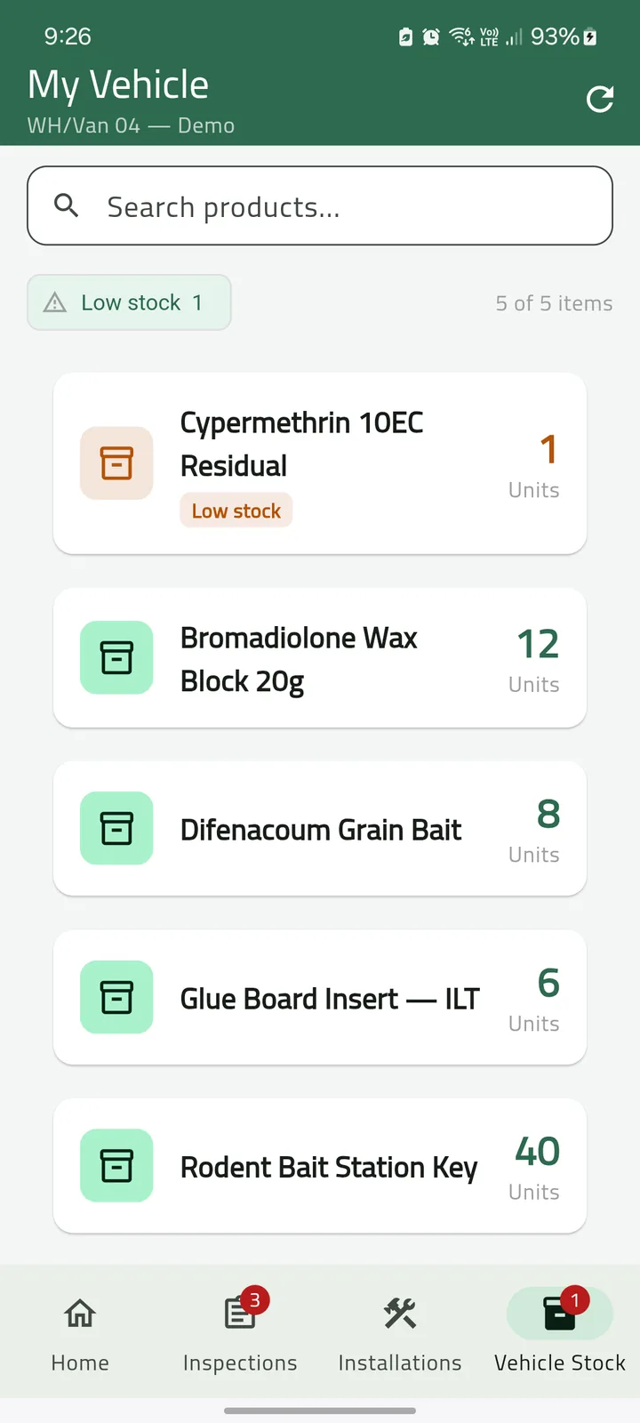 Van stock with five products; Cypermethrin 10EC Residual, at 1 unit, is flagged Low stock